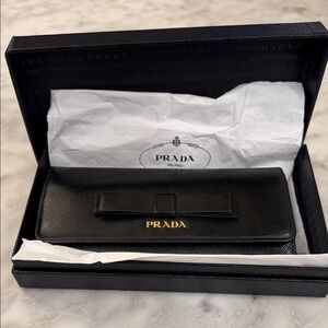 Prada Black Saffiano Leather Bow Continental Wallet with Gold Logo
